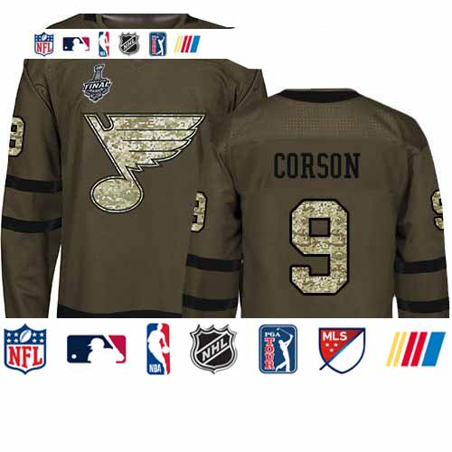 Personalized Blues #9 Shayne Corson Green Salute to Service Stanley Cup Final Bound Stitched Hockey Jersey