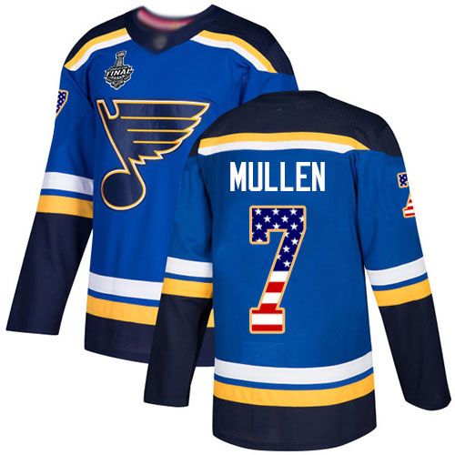 Personalized Blues #7 Joe Mullen Blue Home Authentic USA Flag Stanley Cup Final Bound Stitched Hockey Jersey