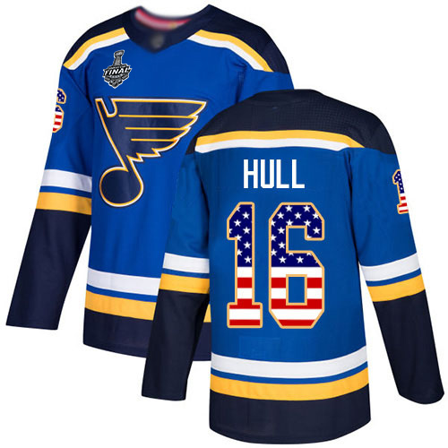 Personalized Blues #16 Brett Hull Blue Home Authentic USA Flag Stanley Cup Final Bound Stitched Hockey Jersey