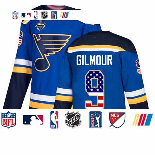 Personalized Blues #9 Doug Gilmour Blue Home Authentic USA Flag Stanley Cup Final Bound Stitched Hockey Jersey