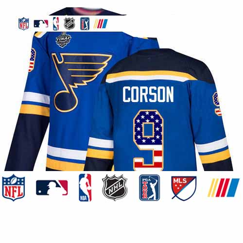 Personalized Blues #9 Shayne Corson Blue Home Authentic USA Flag Stanley Cup Final Bound Stitched Hockey Jersey