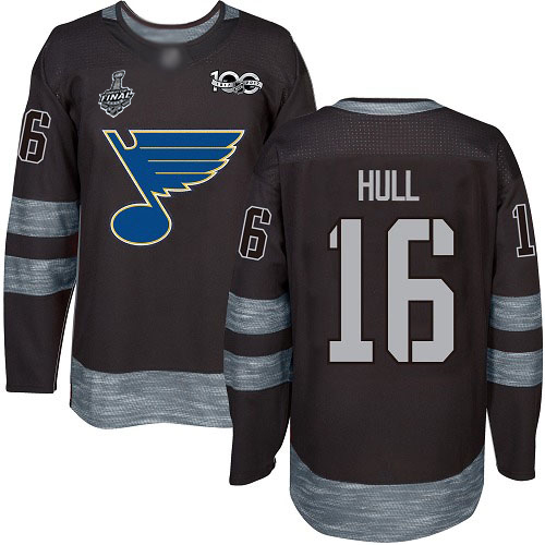 Personalized Blues #16 Brett Hull Black 1917-2017 100th Anniversary Stanley Cup Final Bound Stitched Hockey Jersey