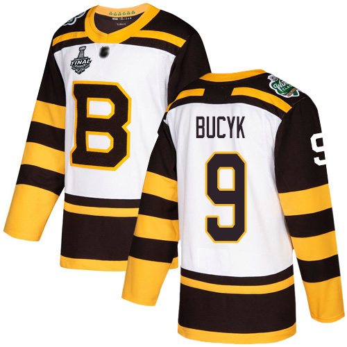 Personalized Bruins #9 Johnny Bucyk White Authentic 2019 Winter Classic Stanley Cup Final Bound Stitched Hockey Jersey