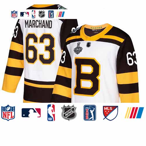 Personalized Bruins #63 Brad Marchand White Authentic 2019 Winter Classic Stanley Cup Final Bound Stitched Hockey Jersey