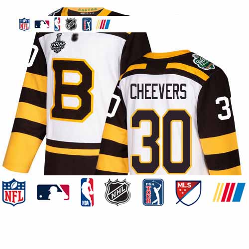 Personalized Bruins #30 Gerry Cheevers White Authentic 2019 Winter Classic Stanley Cup Final Bound Stitched Hockey Jersey
