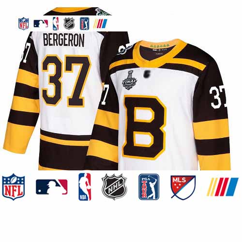 Personalized Bruins #37 Patrice Bergeron White Authentic 2019 Winter Classic Stanley Cup Final Bound Stitched Hockey Jersey