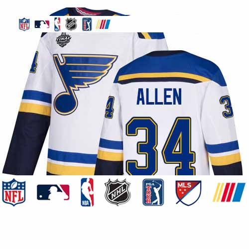 Personalized Blues #34 Jake Allen White Road Authentic Stanley Cup Final Bound Stitched Hockey Jersey