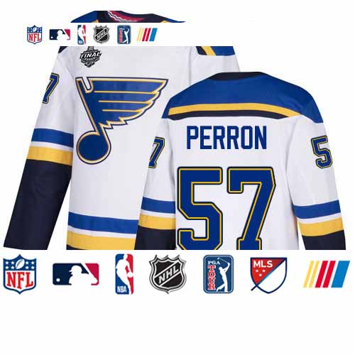 Personalized Blues #57 David Perron White Road Authentic Stanley Cup Final Bound Stitched Hockey Jersey