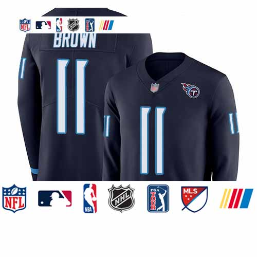 Personalized Titans #11 A.J. Brown Navy Blue Team Color Youth Stitched Football Limited Therma Long Sleeve Jersey