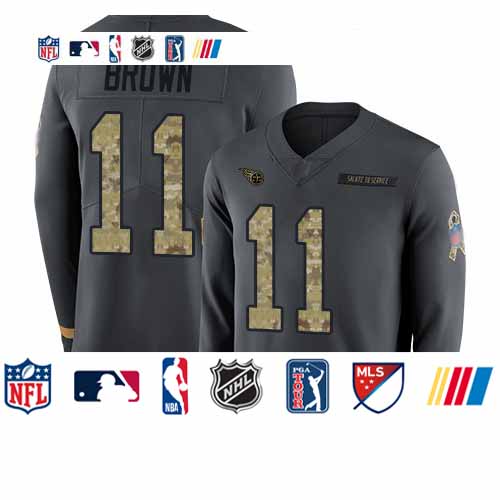 Personalized Titans #11 A.J. Brown Anthracite Salute to Service Youth Stitched Football Limited Therma Long Sleeve Jersey