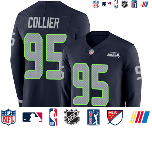 Personalized Seahawks #95 L.J. Collier Steel Blue Team Color Youth Stitched Football Limited Therma Long Sleeve Jersey