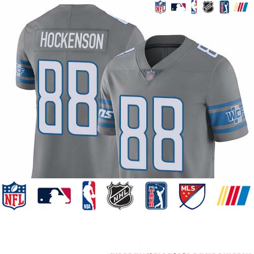Personalized Lions #88 T.J. Hockenson Gray Youth Stitched Football Limited Rush Jersey