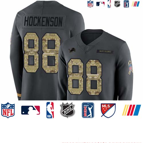 Personalized Lions #88 T.J. Hockenson Anthracite Salute to Service Youth Stitched Football Limited Therma Long Sleeve Jersey