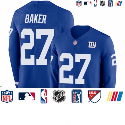 Personalized Giants #27 Deandre Baker Royal Blue Team Color Youth Stitched Football Limited Therma Long Sleeve Jersey