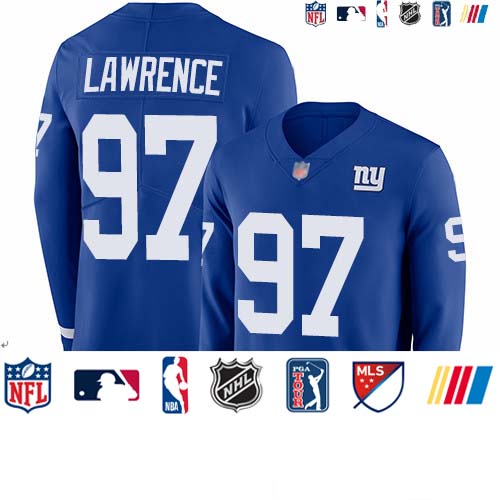Personalized Giants #97 Dexter Lawrence Royal Blue Team Color Youth Stitched Football Limited Therma Long Sleeve Jersey