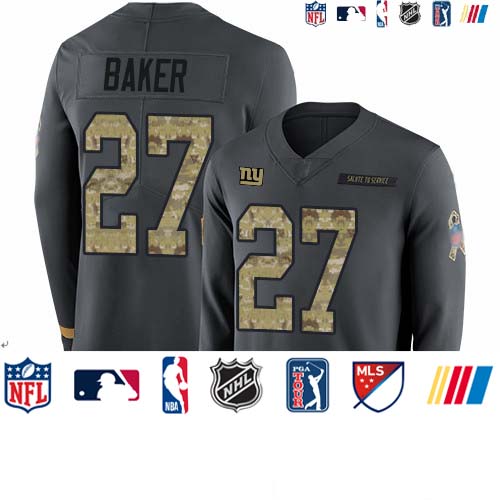 Personalized Giants #27 Deandre Baker Anthracite Salute to Service Youth Stitched Football Limited Therma Long Sleeve Jersey