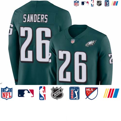 Personalized Eagles #26 Miles Sanders Midnight Green Team Color Youth Stitched Football Limited Therma Long Sleeve Jersey