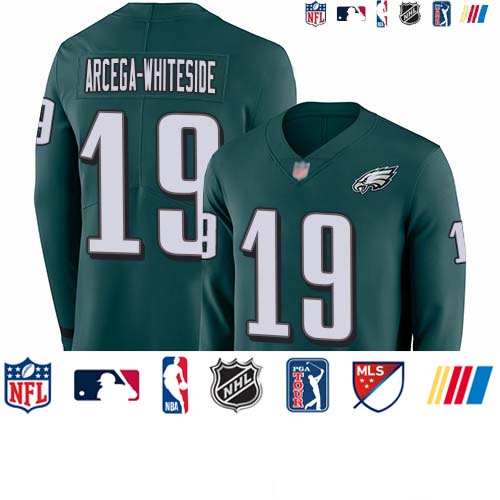 Personalized Eagles #19 JJ Arcega-Whiteside Midnight Green Team Color Youth Stitched Football Limited Therma Long Sleeve Jersey