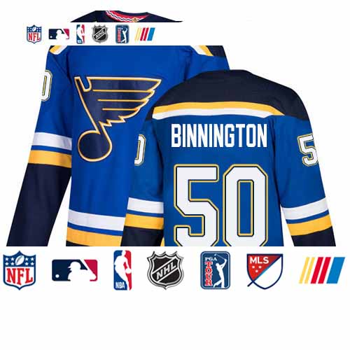 Personalized Blues #50 Jordan Binnington Blue Home Authentic Stitched Youth Hockey Jersey