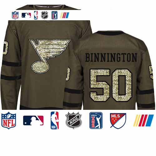 Personalized Blues #50 Jordan Binnington Green Salute to Service Stitched Youth Hockey Jersey