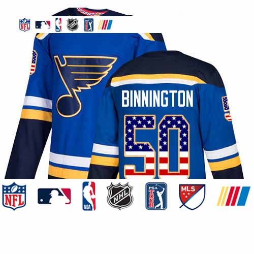 Personalized Blues #50 Jordan Binnington Blue Home Authentic USA Flag Stitched Youth Hockey Jersey