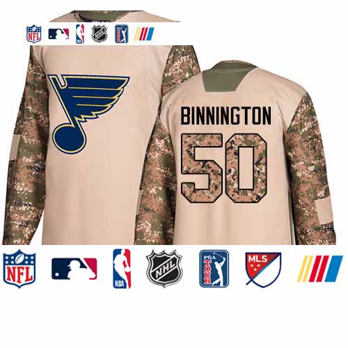 Personalized Blues #50 Jordan Binnington Camo Authentic 2017 Veterans Day Stitched Youth Hockey Jersey