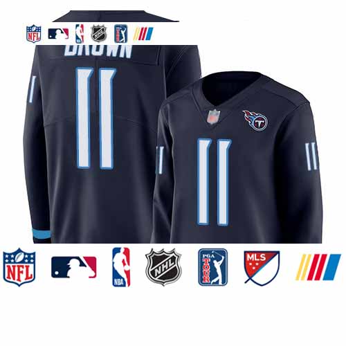 Personalized Titans #11 A.J. Brown Navy Blue Team Color Women’s Stitched Football Limited Therma Long Sleeve Jersey