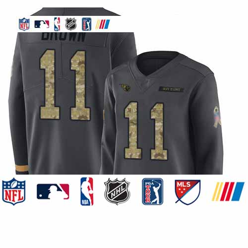 Personalized Titans #11 A.J. Brown Anthracite Salute to Service Women’s Stitched Football Limited Therma Long Sleeve Jersey