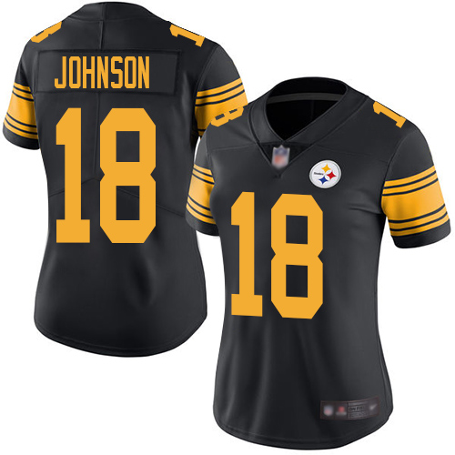 Personalized Steelers #18 Diontae Johnson Black Women’s Stitched Football Limited Rush Jersey
