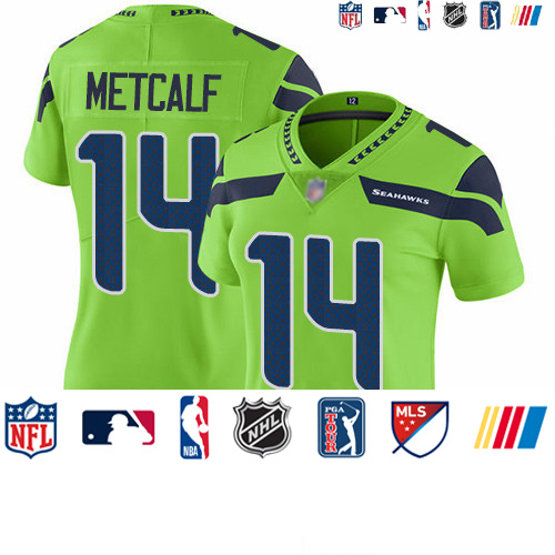 Personalized Seahawks #14 D.K. Metcalf Green Women’s Stitched Football Limited Rush Jersey