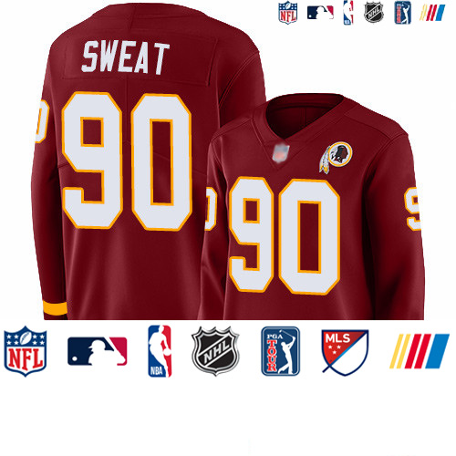 Personalized Redskins #90 Montez Sweat Burgundy Red Team Color Women’s Stitched Football Limited Therma Long Sleeve Jersey