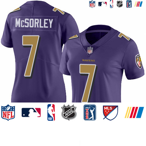 Personalized Ravens #7 Trace McSorley Purple Women’s Stitched Football Limited Rush Jersey