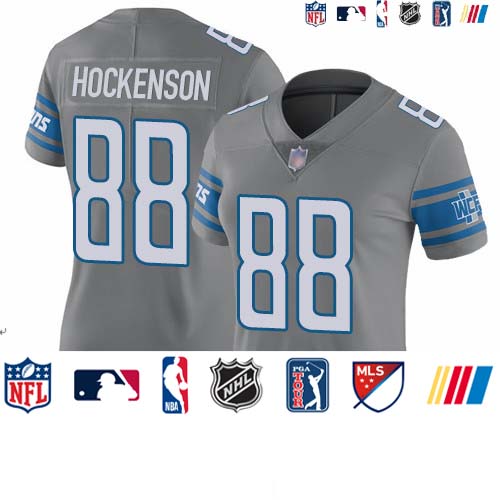 Personalized Lions #88 T.J. Hockenson Gray Women’s Stitched Football Limited Rush Jersey