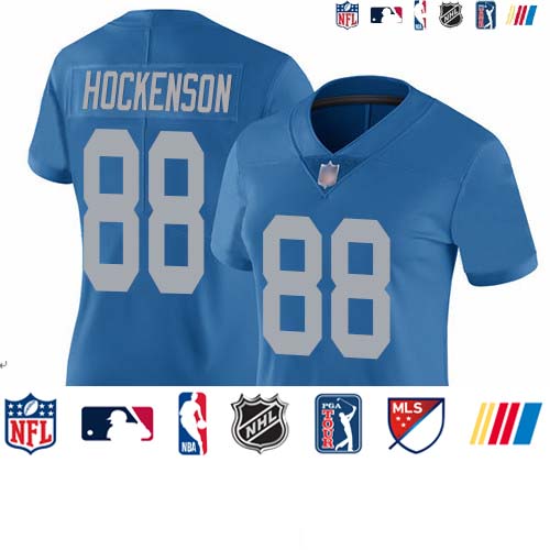 Personalized Lions #88 T.J. Hockenson Blue Throwback Women’s Stitched Football Untouchable Limited Jersey
