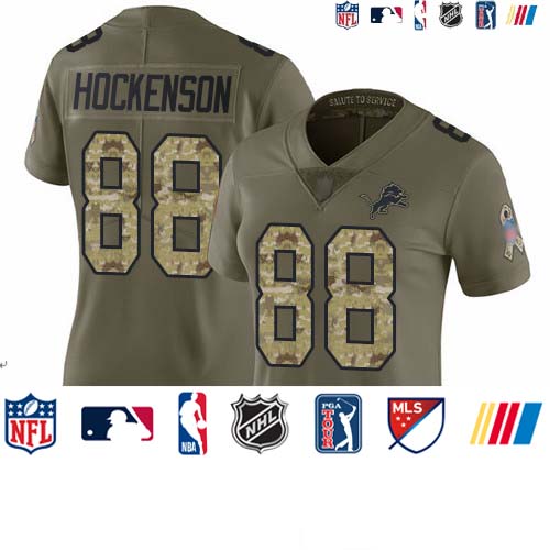 Personalized Lions #88 T.J. Hockenson Olive Camo Women’s Stitched Football Limited 2017 Salute to Service Jersey