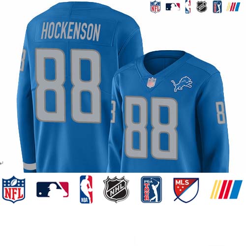 Personalized Lions #88 T.J. Hockenson Blue Team Color Women’s Stitched Football Limited Therma Long Sleeve Jersey