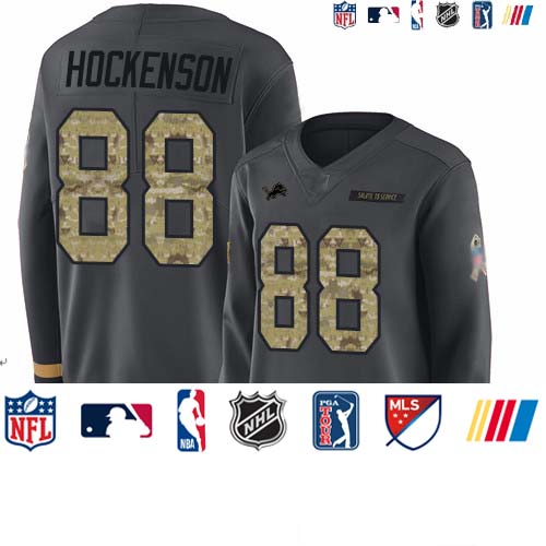 Personalized Lions #88 T.J. Hockenson Anthracite Salute to Service Women’s Stitched Football Limited Therma Long Sleeve Jersey