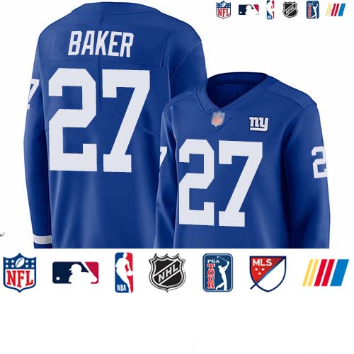 Personalized Giants #27 Deandre Baker Royal Blue Team Color Women’s Stitched Football Limited Therma Long Sleeve Jersey