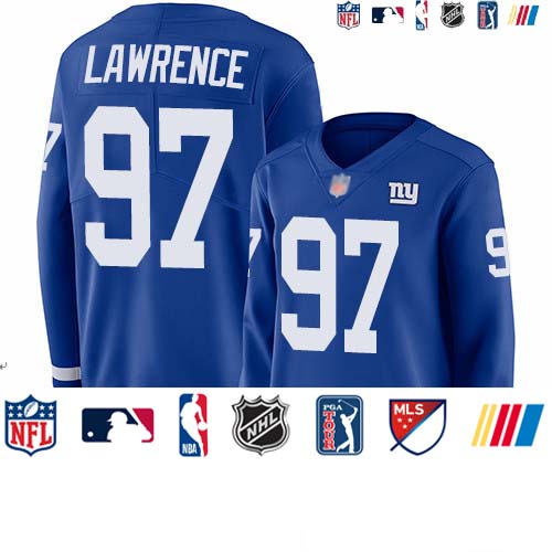 Personalized Giants #97 Dexter Lawrence Royal Blue Team Color Women’s Stitched Football Limited Therma Long Sleeve Jersey