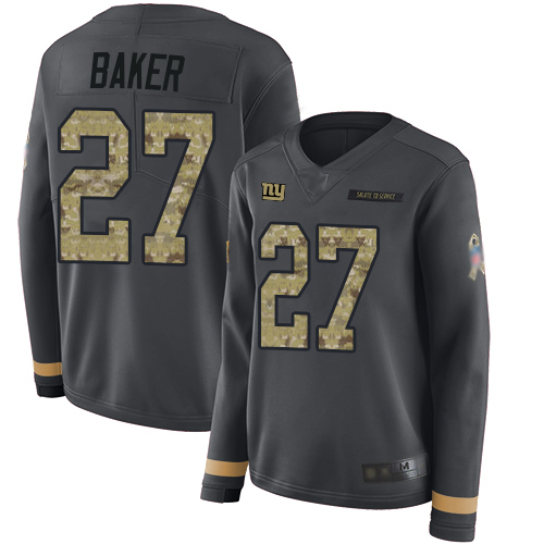 Personalized Giants #27 Deandre Baker Anthracite Salute to Service Women’s Stitched Football Limited Therma Long Sleeve Jersey