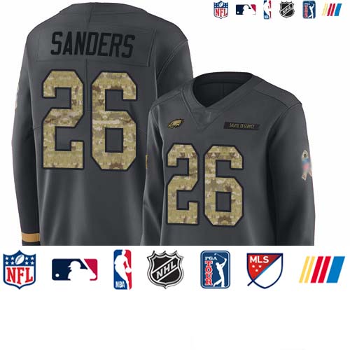 Personalized Eagles #26 Miles Sanders Anthracite Salute to Service Women’s Stitched Football Limited Therma Long Sleeve Jersey