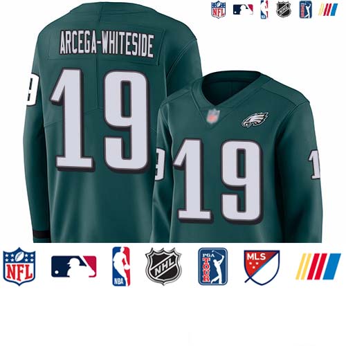 Personalized Eagles #19 JJ Arcega-Whiteside Midnight Green Team Color Women’s Stitched Football Limited Therma Long Sleeve Jersey