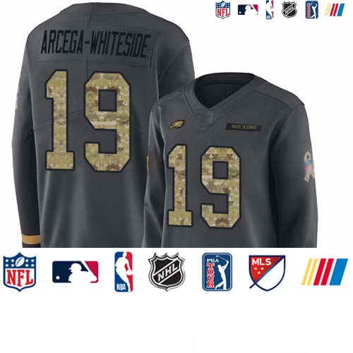Personalized Eagles #19 JJ Arcega-Whiteside Anthracite Salute to Service Women’s Stitched Football Limited Therma Long Sleeve Jersey