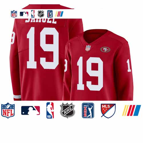 Personalized 49ers #19 Deebo Samuel Red Team Color Women’s Stitched Football Limited Therma Long Sleeve Jersey