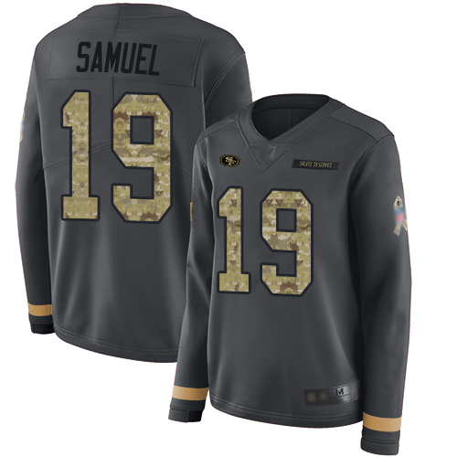 Personalized 49ers #19 Deebo Samuel Anthracite Salute to Service Women’s Stitched Football Limited Therma Long Sleeve Jersey