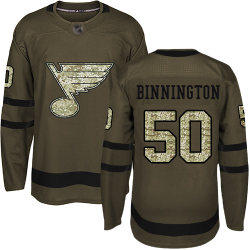 Personalized Blues #50 Jordan Binnington Green Salute to Service Stitched Hockey Jersey