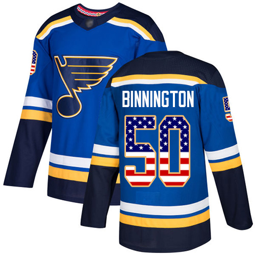 Personalized Blues #50 Jordan Binnington Blue Home Authentic USA Flag Stitched Hockey Jersey