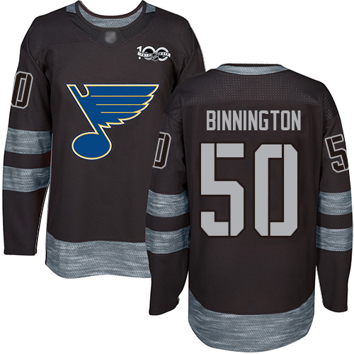 Personalized Blues #50 Jordan Binnington Black 1917-2017 100th Anniversary Stitched Hockey Jersey