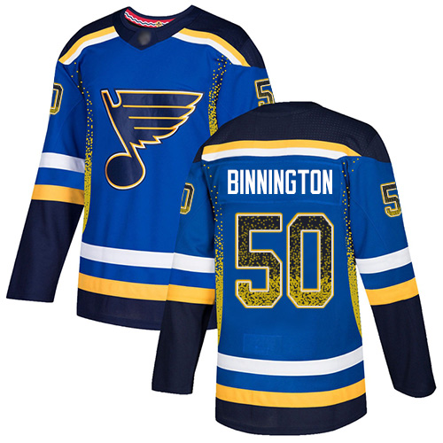 Personalized Blues #50 Jordan Binnington Blue Home Authentic Drift Fashion Stitched Hockey Jersey