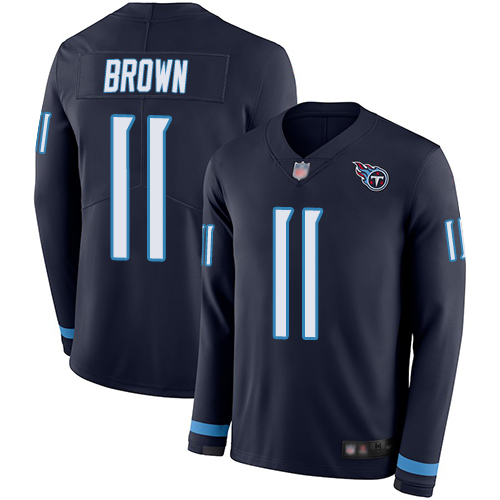 Personalized Titans #11 A.J. Brown Navy Blue Team Color Men’s Stitched Football Limited Therma Long Sleeve Jersey